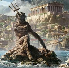 an image of a statue in the middle of a body of water with mountains and buildings behind it