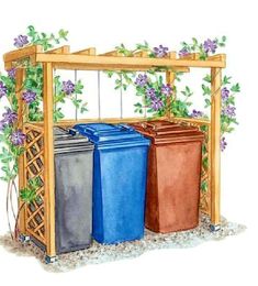 three trash cans sitting in front of a trellis with purple flowers growing on it