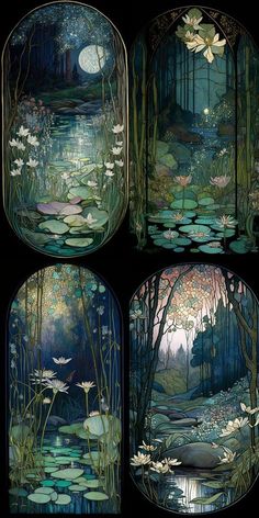 four different views of water lilies and the moon in the night sky, with lily pads