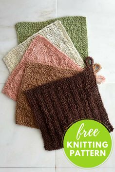 four knitted dishcloths with text overlay that says free knitting pattern on it