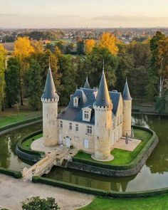 an aerial view of a castle surrounded by trees