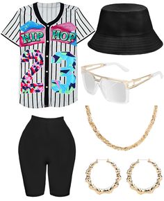 PRICES MAY VARY. 【80s 90s Neon Costumes & Accessories Set】Includs 6 accessories, baseball jersey shirt x1, yoga pants x1, bucket hat x1, artificial gold rope chain x1, hip hop glasses x1, 1 pair of earrings. This complete outfit and accessory set is perfect for any 80s 90s-themed party, allowing you to stand out and express your hiphop style. 【Bright Colored Accessories】Bright and colorful colors make you stand out at parties in the 80s 90s. Baseball jersey shirt, short sleeve yoga pants, and mo Women's 90s Outfits, 1987 Fashion, Rapper Costume, 90s Baseball, Hiphop Style, Dance Costumes Hip Hop, Hip Hop Costumes, 30th Party, Rapper Outfits