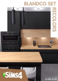 an image of a kitchen setting with black appliances and wood counter tops on the wall