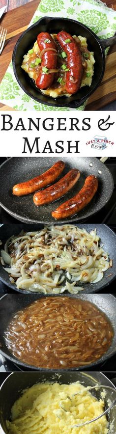 the different types of food are being cooked in pans