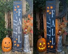 two pumpkins sitting next to each other in front of a sign that says fall sale