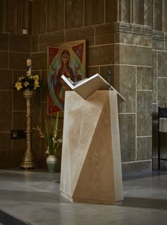 a church alter with an open book on it