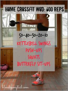 a woman doing kettlebell swings with the words home crossfit wod 300 reps