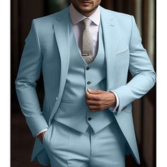 Category:Suits; Embellishment:Pocket; Season:Spring, Fall, Winter, Summer; Fabric:Polyester; Front Closure:Single-Breasted Buttons; Style:Formal,Business,WorkWear,Daily,Dress; Includes:Vest,Pants,Jacket; Occasion:Wedding; Fit Type:Tailored Fit; Jacket Buttons:Single Breasted Two-buttons; Jacket Vents:Single (Center); Jacket Pockets:Straight Flapped; Vest Buttons:4; Pattern:Solid Colored; Neckline:Notch; Listing Date:11/16/2023; Production mode:External procurement; Pant Length:; Pants Waist:; Sh Navy Blue Sky, Tuxedo Shirt Men, Cheap Suits, Womens Basic Tops, Mens Outdoor Jackets, Cotton Linen Pants, Style Formal, Trench Coat Men, Outwear Women