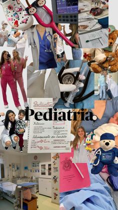 the collage shows many different pictures of people in hospital gowns and teddy bears