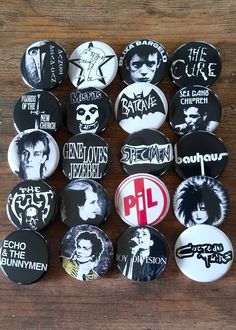 "80s Goth Punk Rock! An awesome grouping of 20 handmade 1.25\"  80s Punk Rock Goth pin back buttons.  Made in Oregon with materials purchased through a USA parts distributor.  PINS ARE CRISP AND CLEAR WITH BRIGHT COLOR. WHITES ARE WHITE AND NOT DULL. Pins are hard to photo capture, color and quality are better than shown. Thank-you for looking!" Diy Punk Pins, Punk Pins Diy, Punk Buttons, Punk Crafts, Alt Diy, 80s Punk Rock, Band Pins, Punk Clothes, Punk Fashion Diy