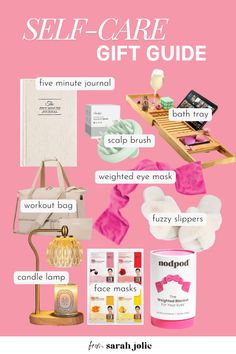 the self - care gift guide for women is shown in pink with white lettering and accessories