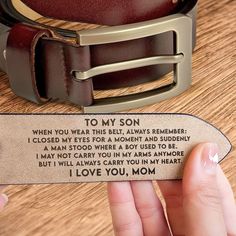 Celebrate the special men in your life with our Personalized Engraved Leather Belt. This custom belt is more than just an accessory; it's a heartfelt gesture that adds a personal touch to every outfit. Crafted from genuine leather, this engraved belt makes for a timeless and durable piece. The custom engraving allows you to add a personal message or a special date, making it an ideal anniversary or Valentine's Day gift. Whether it's for your husband, boyfriend, father, son, or grandson, this per Leather Belt Crafts, Always Remember Me, Custom Belt, To My Son, Leather Passport Cover, I Carry, Belt Design, Father Son, Heart Gifts