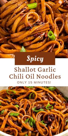 spicy shallot garlic chili oil noodles in a white bowl with the words spicy shallot garlic chilli noodles