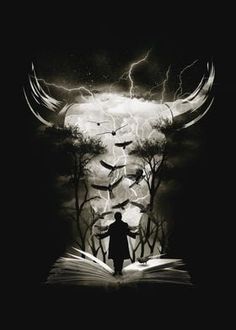 a man standing in front of an open book with lightning coming out of the sky