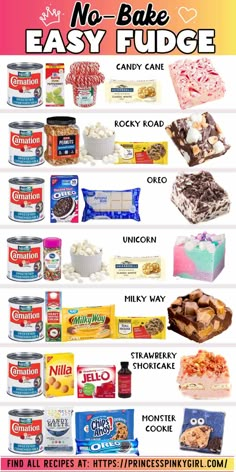 a poster with the words no bake easy fudge in different colors and flavors