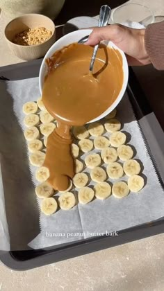 a person is spreading peanut butter on banana slices in a bowl with a spoon to dip them into the batter