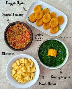 four bowls with different types of food in them, including corn on the cob and spinach