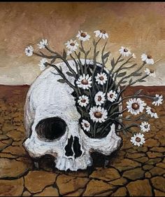 a painting of a skull with flowers in it's head on a cracked ground