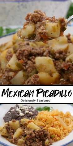 mexican picadillo with ground beef, potatoes and rice on a white plate next to the recipe