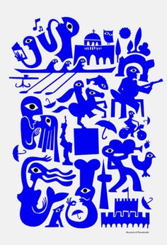 an image of blue and white artwork with different things in the shape of people on it