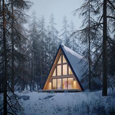 a small cabin in the woods with snow on the ground and trees around it at night