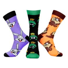 Officially licensed Looney Tunes crew socks guaranteed! Saturday morning cartoons were all the rave back in the day. We enjoyed characters like Bugs Bunny, Daffy Duck, Tazmanian Devil, Marvin the Martian, Sylvester the cat, Speedy Gonzales, Yosemite Sam, Foghorn Leghorn, Pepe Le Pew and many many more! These crew socks can be mix and match if you dare to be bold. 5 pairs made of stretchy 98% polyesters, 2% spandex. They fit men's size shoe 8-12 Color: Multicolor.  Gender: male.  Age Group: adult Bunny Socks, Foghorn Leghorn, Sylvester The Cat, Yosemite Sam, Looney Tunes Characters, Morning Cartoon, Marvin The Martian, Dope Outfits For Guys, Daffy Duck