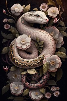 a snake and flowers on a black background