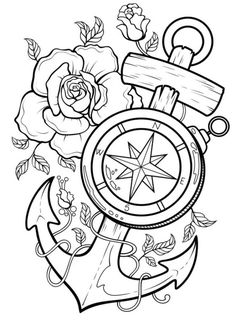 an anchor, compass and roses tattoo design