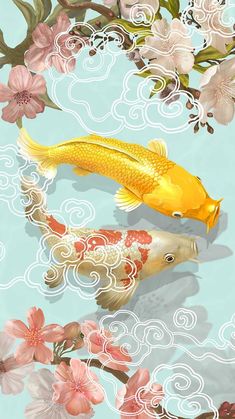 two koi fish swimming in a pond surrounded by flowers