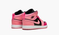 The Jordan 1 Mid PS “Coral Chalk” is the preschool version of the popular retro basketball shoe in a multicolor look that features various shades of pink on its design.  A fun colorway for children, the “Coral Chalk” has a base of black leather on the perforated toe and mid-panel.  The forefoot, collar, heel, and Swoosh are designed in Coral Chalk-colored leather and contrast the neutral appearance of the shoe’s base.  Rose Pink leather is found on the toe cap and middle eyelet panel, and on the Pink Basketball Shoes With Gum Sole For Streetwear, Pink Low-top Basketball Shoes With Gum Sole, Pink Low-top Basketball Shoes For Streetwear, Pink Leather Basketball Shoes With Contrast Sole, Pink Low-top Basketball Shoes With Contrast Sole, Pink Basketball Shoes With Gum Sole For Sports, Pink High-top Sneakers With Contrast Sole And Round Toe, Pink High-top Sneakers With Contrast Sole, Pink Leather High-top Sneakers With Gum Sole