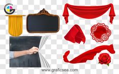 red cloths and other items are arranged on a transparent background