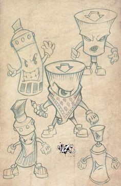 a drawing of three cartoon characters with one holding a cup and the other pointing at something