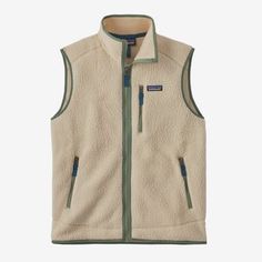 the patagon flee vest is shown in beige and green, with an insulated zipper