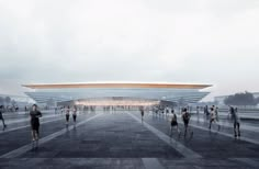 people are walking around in front of a large building with a curved roof on top