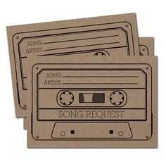 three brown paper tags with an old fashioned cassette design on the front and back of them