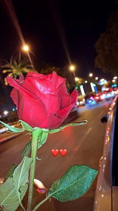 a red rose sitting on the side of a road next to a car with lights in the background