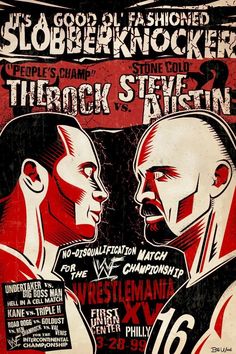 an old poster with two men facing each other in front of a red and black background