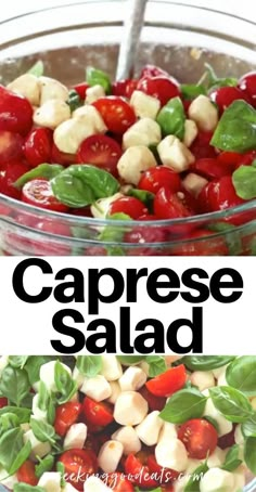 caprese salad with tomatoes, mozzarella and basil in a glass bowl