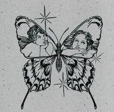 a black and white drawing of two children on a butterfly