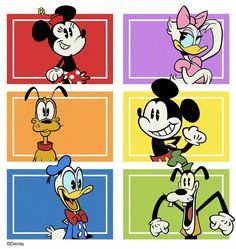 mickey mouse and other cartoon characters are depicted in four different color squares, each with an individual's face