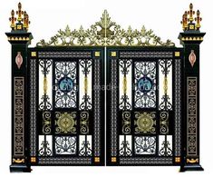 an ornate black and gold gate with intricate designs on the top, bottom and sides