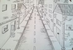 a drawing of a city street with buildings on both sides and an alley between them