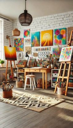 an artist's studio with multiple paintings on the wall