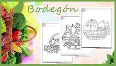 the coloring page for bodegon is shown with fruits and vegetables in baskets on it