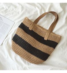 Striped Straw Woven Tote Bag, Retro Vibes, Summer Bag, Everyday Should – Elena Handbags Chic Summer Bags Made Of Natural Fiber, Chic Beach Bag Made Of Natural Fiber, Summer Beach Shoulder Bag Made From Palm Leaf, Trendy Woven Beige Beach Bag, Trendy Beige Woven Beach Bag, Basket Beach Bag Made Of Natural Fiber For Vacation, Natural Straw Bag With Double Handle, Bohemian Straw Bag For Vacation Shopping, Casual Natural Straw Bag With Double Handle