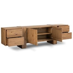 the sideboard is made out of wood and has two drawers, one open to reveal an