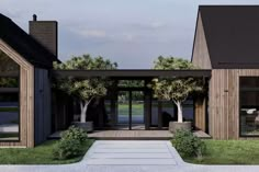 an artist's rendering of the front entrance to a house with trees on either side