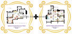 two floor plans for an apartment in the middle of town, with different rooms and bathrooms