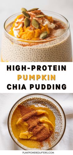 high protein pumpkin chia pudding in a glass bowl