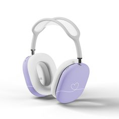 a pair of headphones with purple and white designs on the front, against a white background